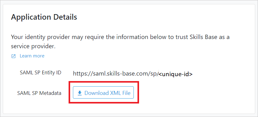 Capture d’écran montrant le panneau Détails de l’application dans lequel vous pouvez télécharger le fichier de métadonnées du fournisseur de services.