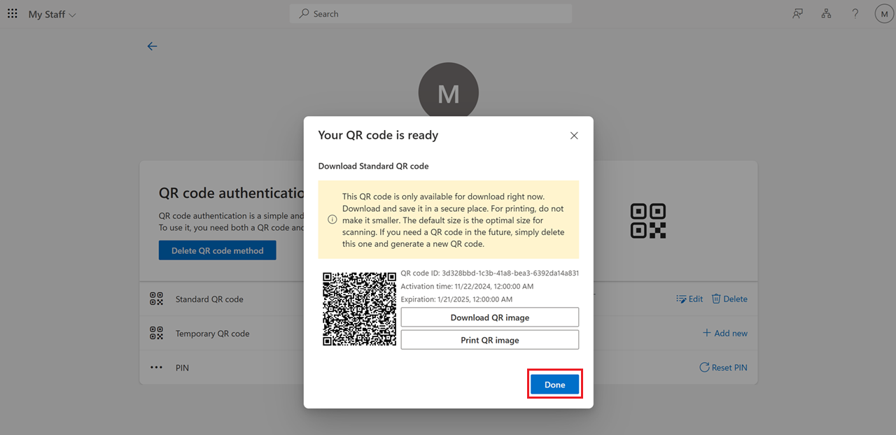 Capture d’écran montrant comment afficher un code QR nouvellement ajouté dans Mon personnel.