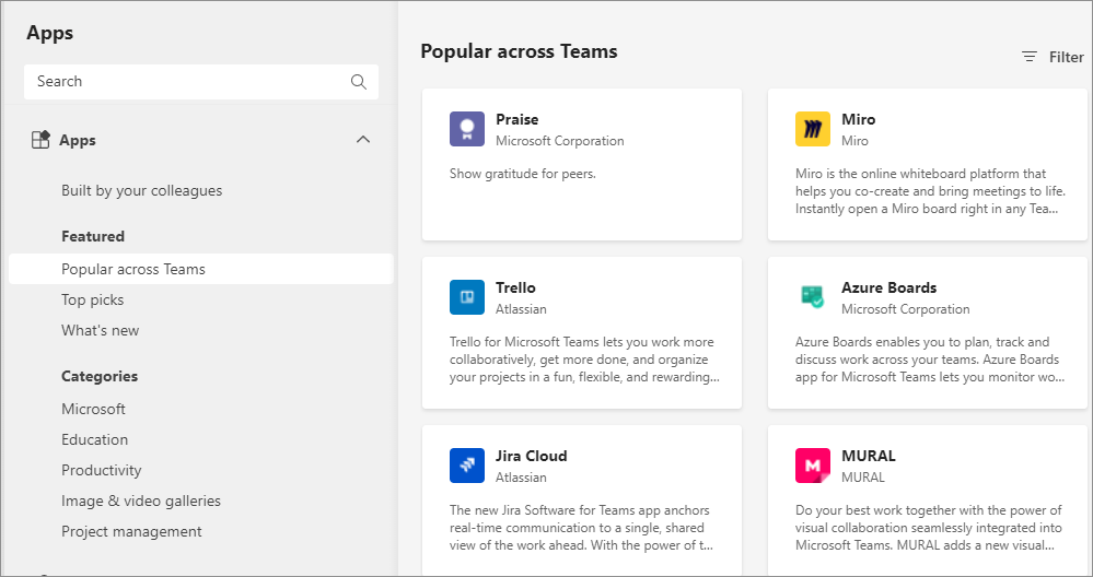 Capture d’écran montrant les applications partenaires dans le magasin Teams dans le client Teams.