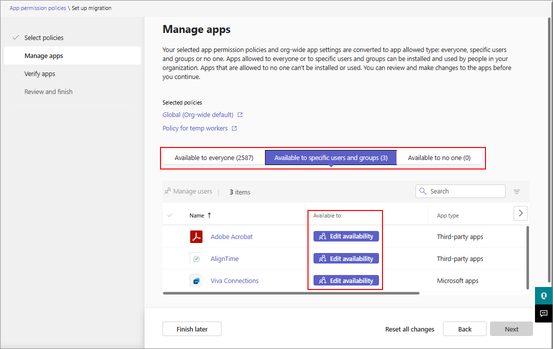 Capture d’écran montrant trois onglets pendant la migration qui vous aident à passer en revue et à modifier la disponibilité de l’application.