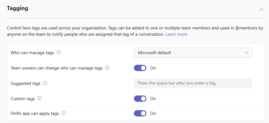 Capture d’écran des paramètres de balisage Teams dans le centre d’administration Teams.