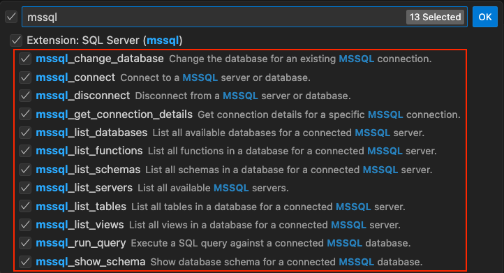 Capture d’écran de la liste des outils spécifiques à SQL fournis par l’extension MSSQL en mode Copilot Agent.