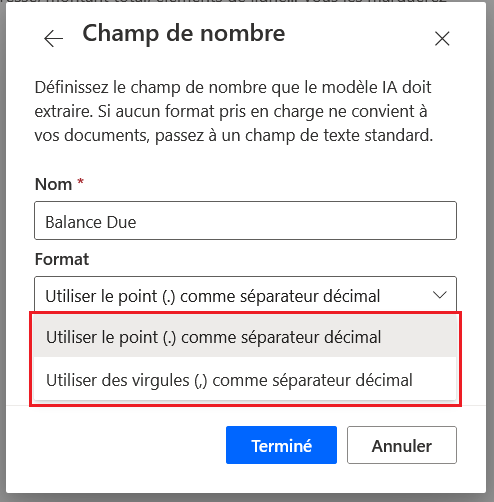 Capture d’écran des formats du «&nbsp;champ de nombre&nbsp;».