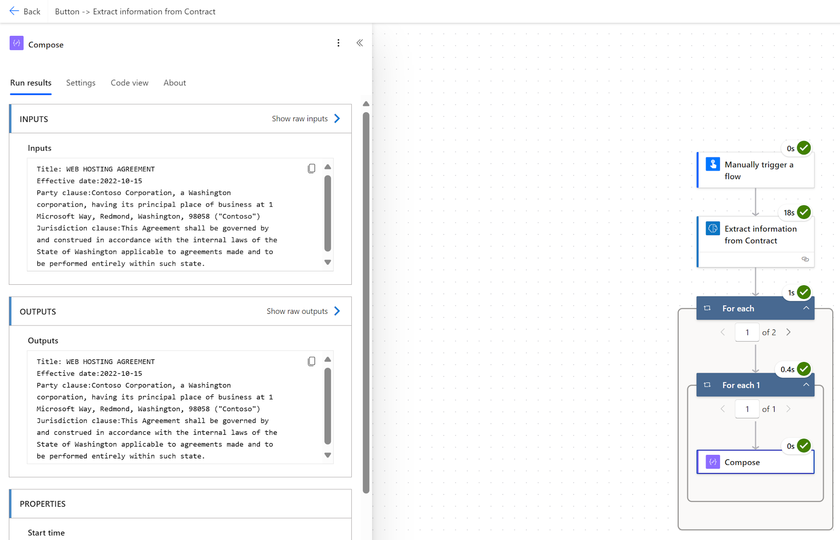 Capture d’écran d’une étape manuellement déclenchée pour extraire des informations dans un flux, avec un document de contrat sélectionné et avec sortie du résultat dans une opération de données.