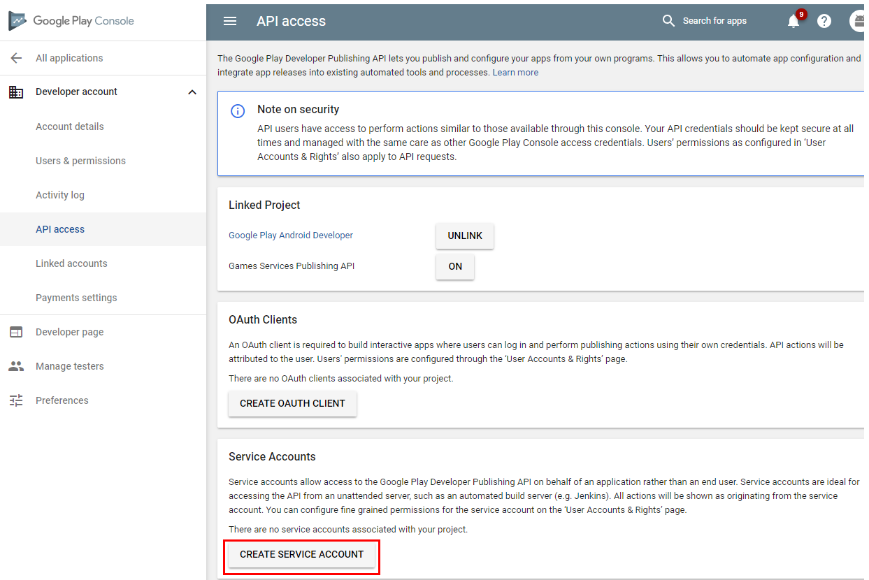 Google Play : Bouton Créer un compte de service mis en surbrillance
