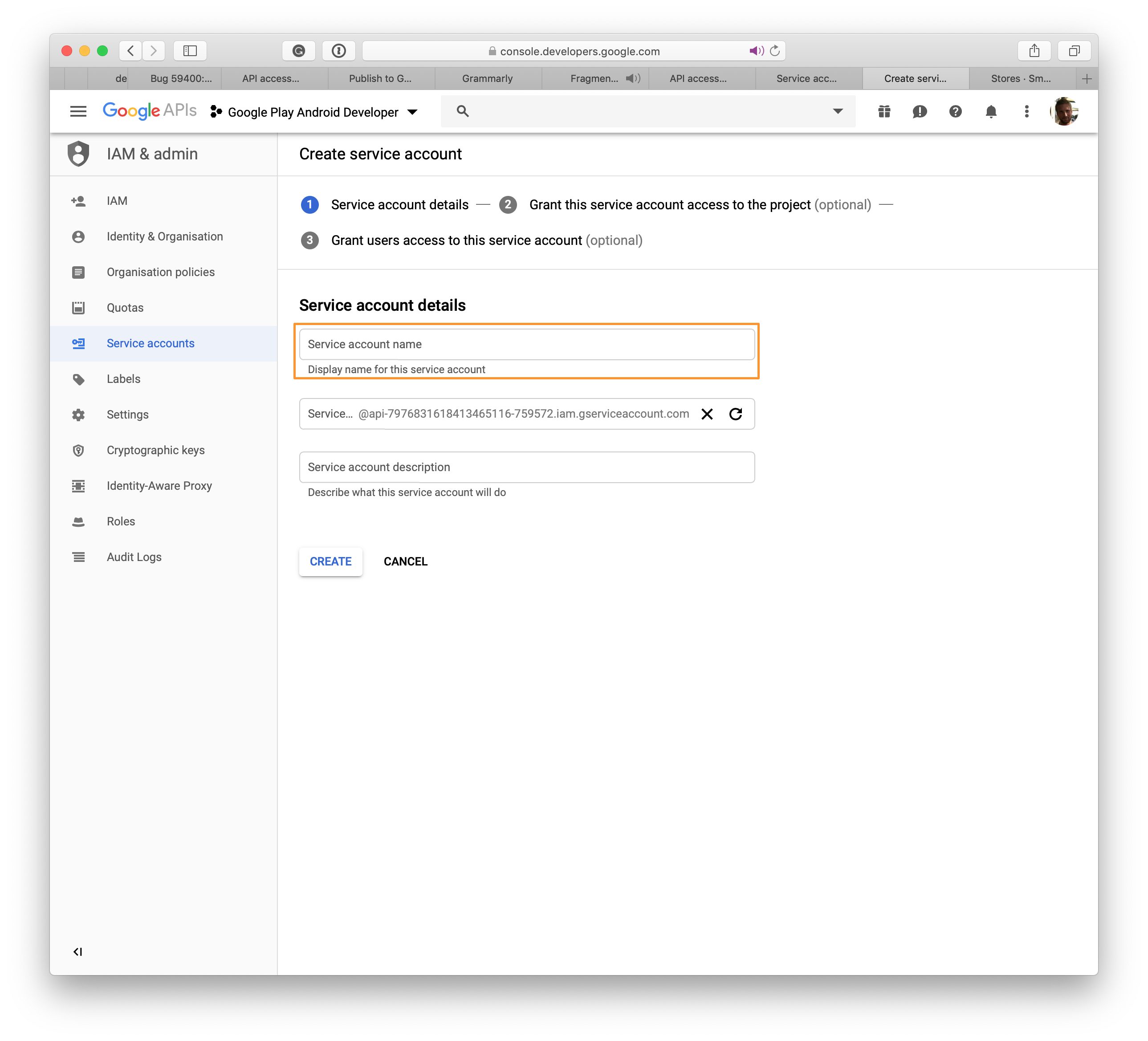 Google Play : Boîte de dialogue Créer un compte de service