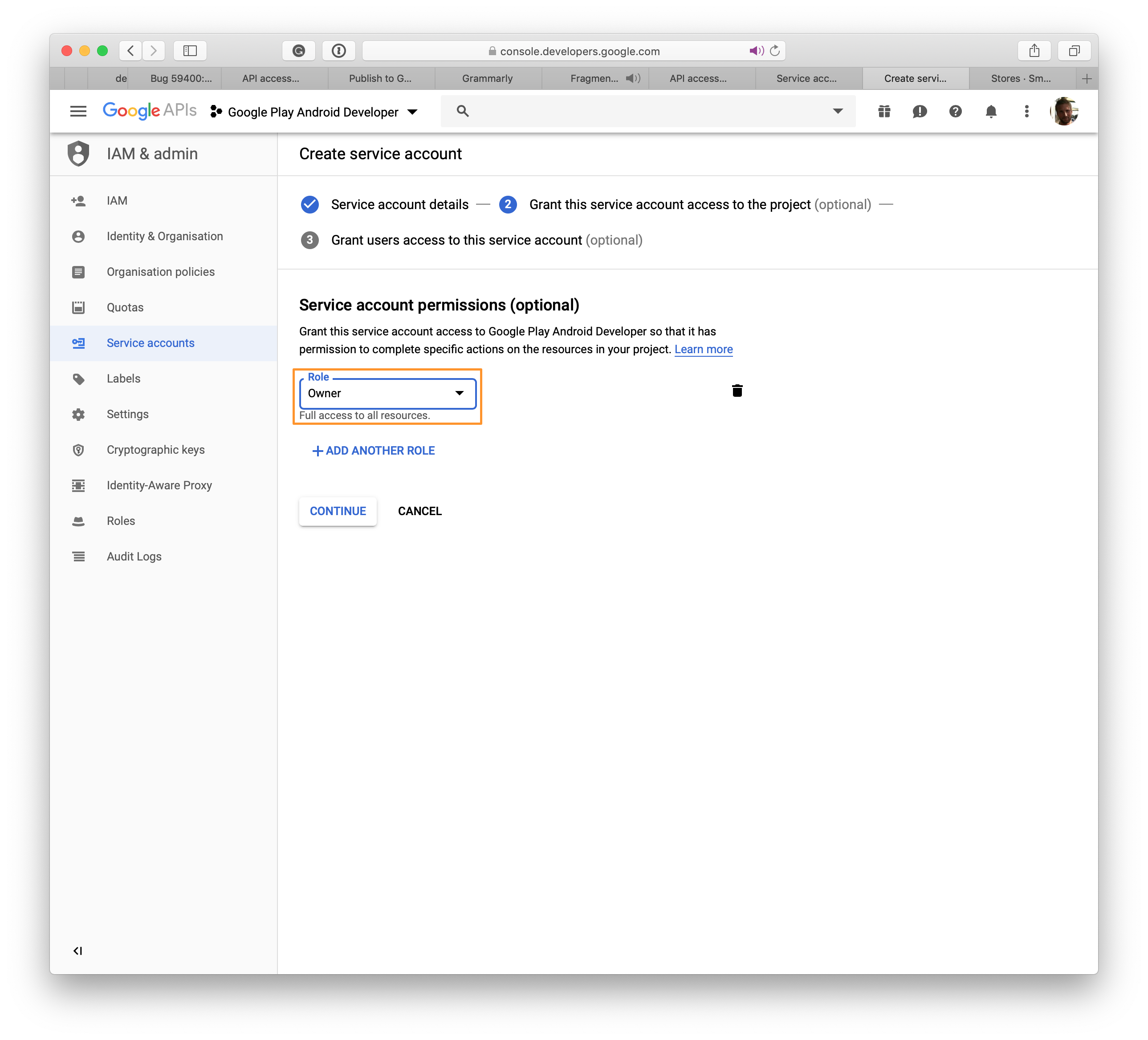 Google Play : Choisir projet -> Propriétaire en tant que rôle