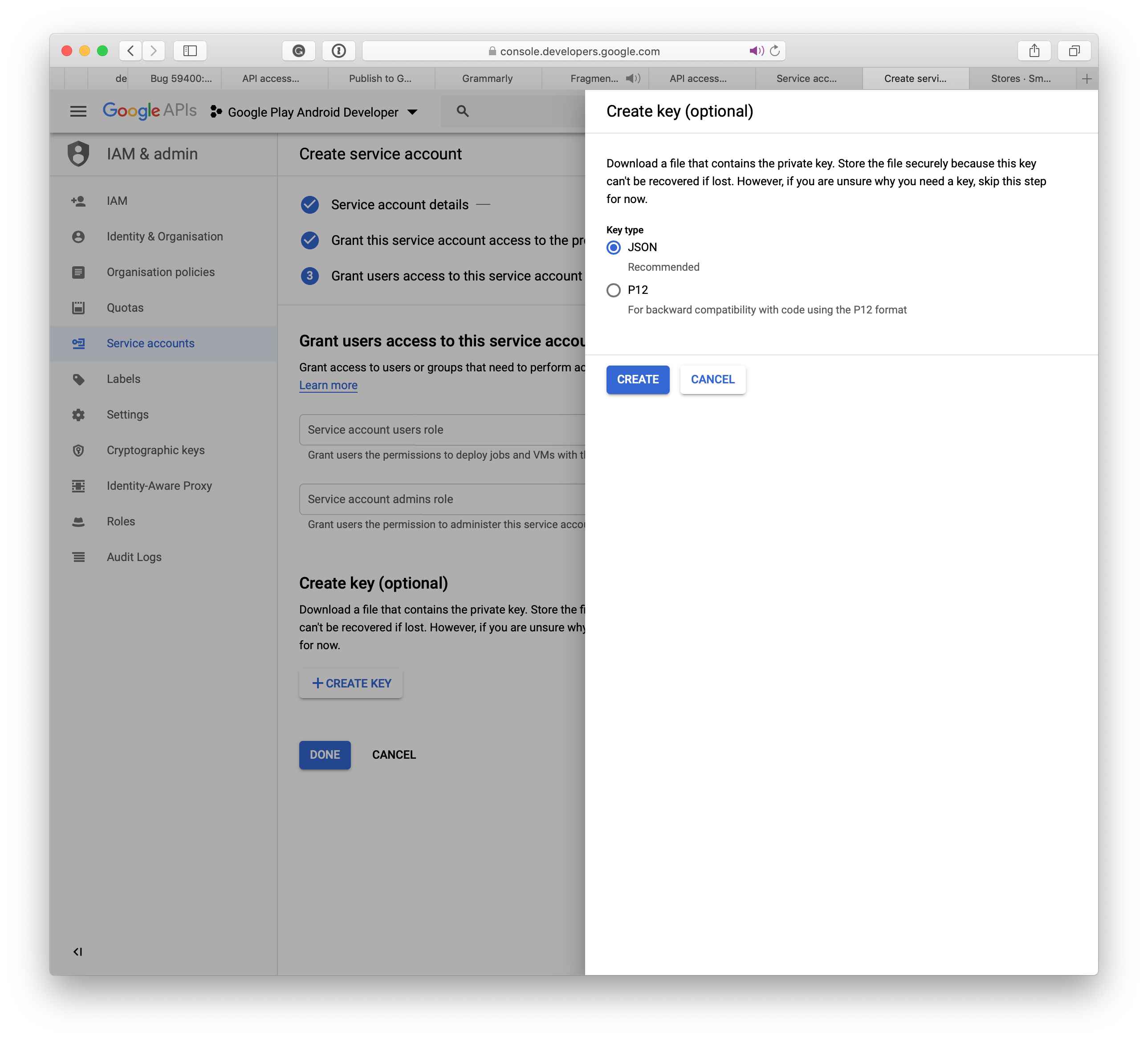 Google Play : Définir le type de clé en tant que JSON