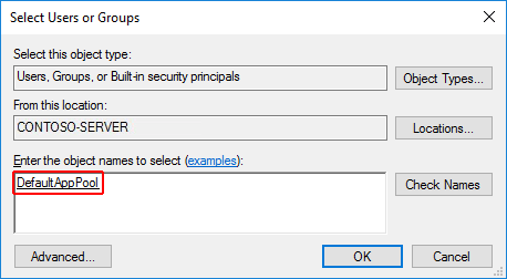 Sélectionnez la boîte de dialogue utilisateurs ou groupes pour le dossier d’applications : après avoir sélectionné « Vérifier les noms », le nom d’objet « DefaultAppPool » est indiqué dans la zone des noms d’objets.