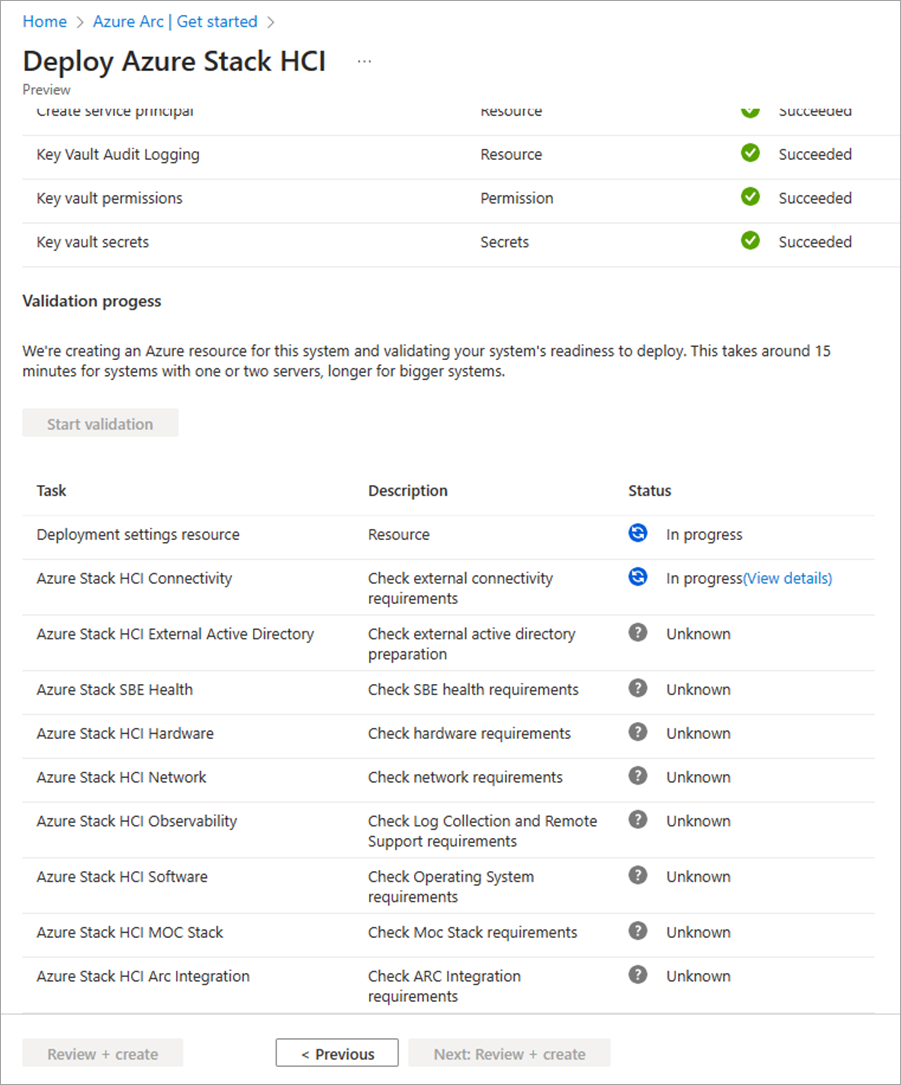 Capture d’écran de la validation en cours dans l’onglet Validation dans le déploiement via Portail Azure.