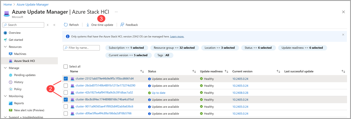 Capture d’écran de l’installation des mises à jour de cluster dans Azure Update Manager.