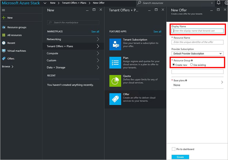 Capture d’écran montrant comment créer une ressource pour une nouvelle offre dans Azure Stack Hub.