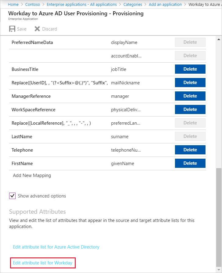 Capture d’écran représentant la page « Workday vers l’attribution d’utilisateurs Microsoft Entra – Approvisionnement », sur laquelle l’action « Modifier la liste d’attributs de Workday » est en surbrillance.