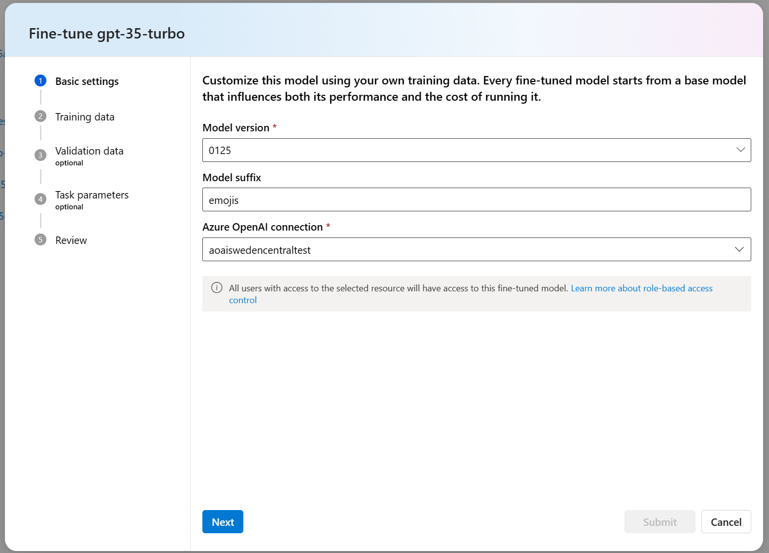 Capture d’écran des paramètres de base pour le fine-tuning d’un modèle.
