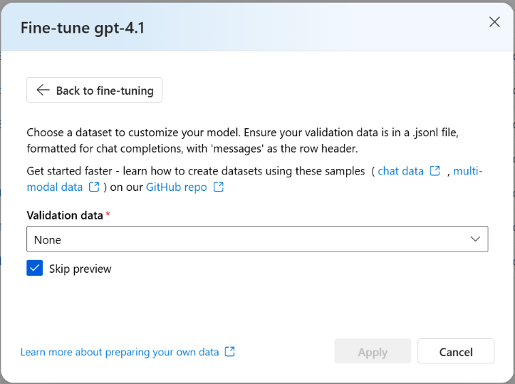 Capture d’écran du volet pour les données de validation dans le portail Foundry.