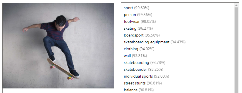 Photo d’un skateur avec une liste de balises sur la droite.