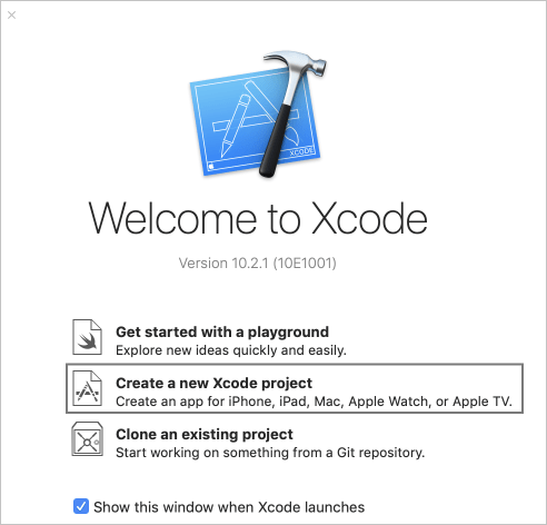 Capture de l’écran Créer un projet Xcode.