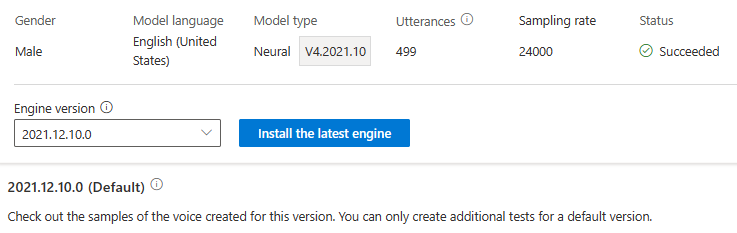 Capture d’écran de la sélection du bouton Installer le moteur le plus récent pour mettre à jour le moteur.