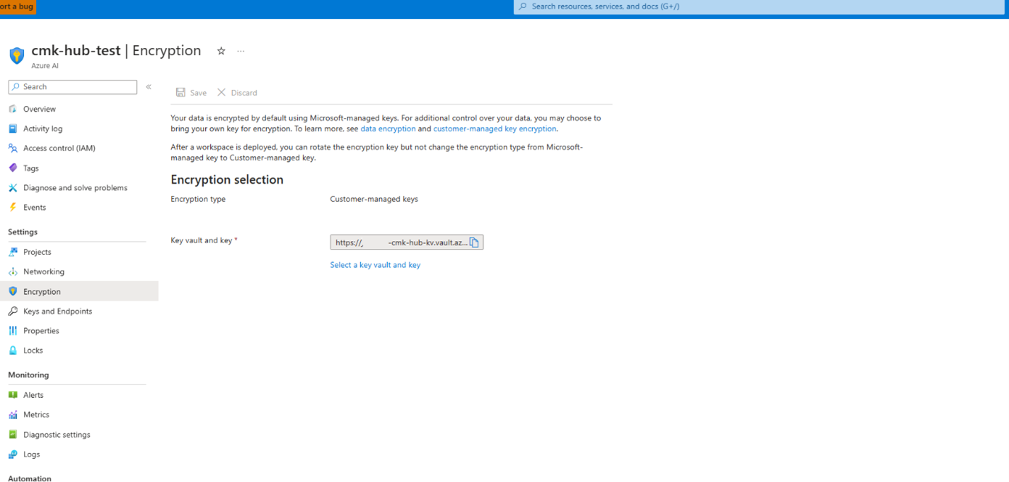 Capture d’écran de la page Chiffrement du hub sur le Portail Azure.