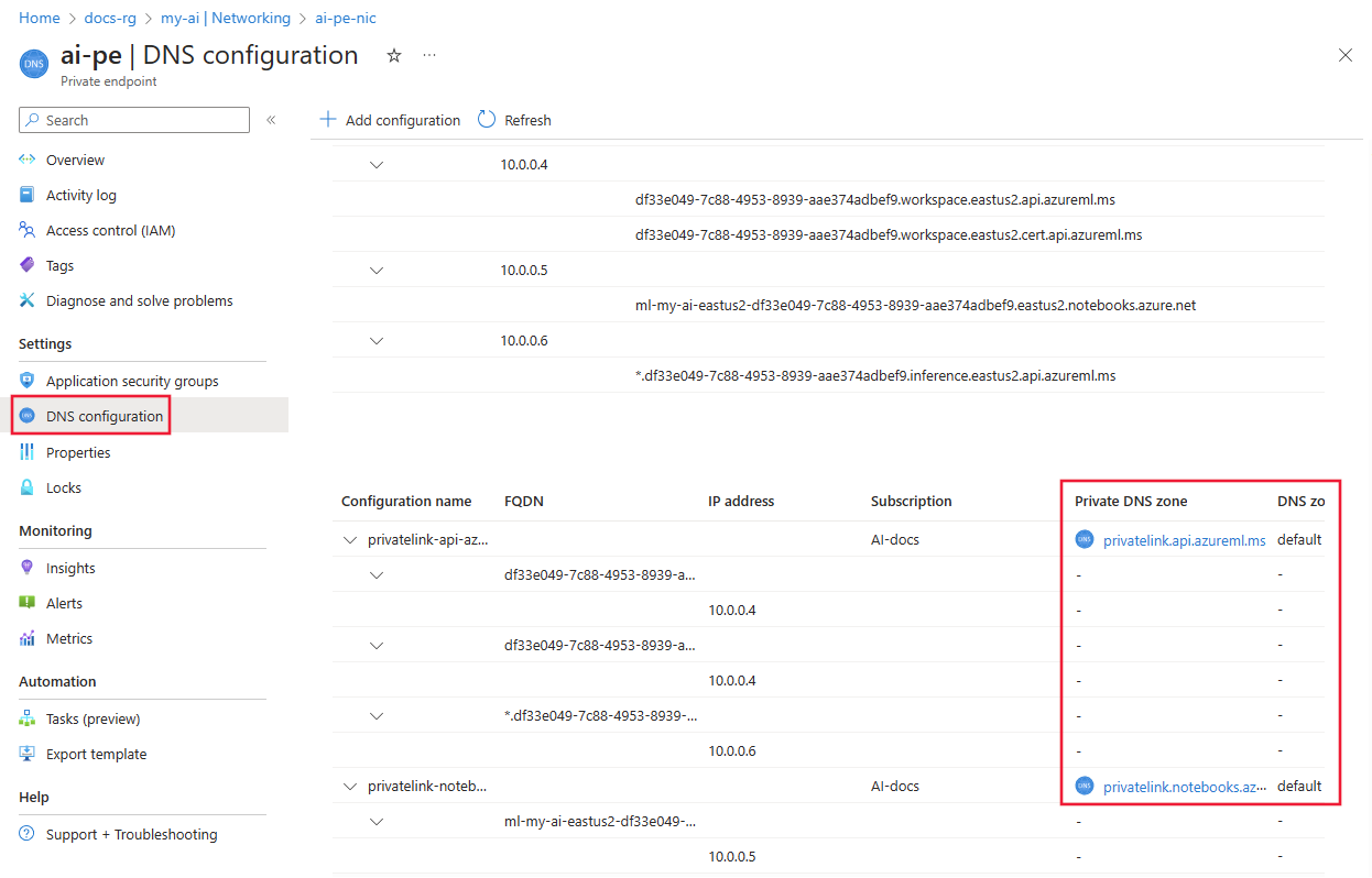Capture d’écran de la configuration DNS avec Zone DNS privée et le groupe mis en évidence.