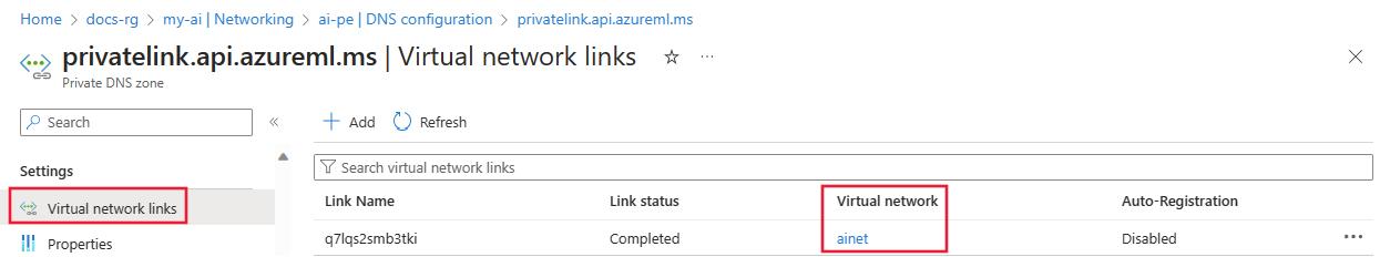 Capture d’écran des liens de réseaux virtuels pour la zone DNS privé.