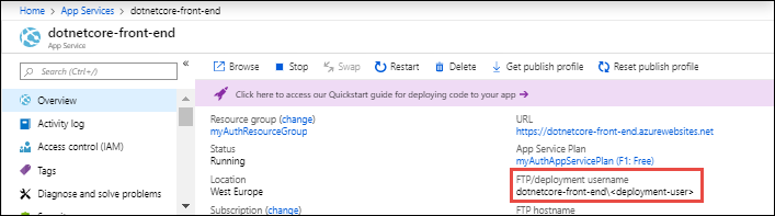 Montre comment trouver le nom d’utilisateur du déploiement Git sur la page Vue d’ensemble de votre application.