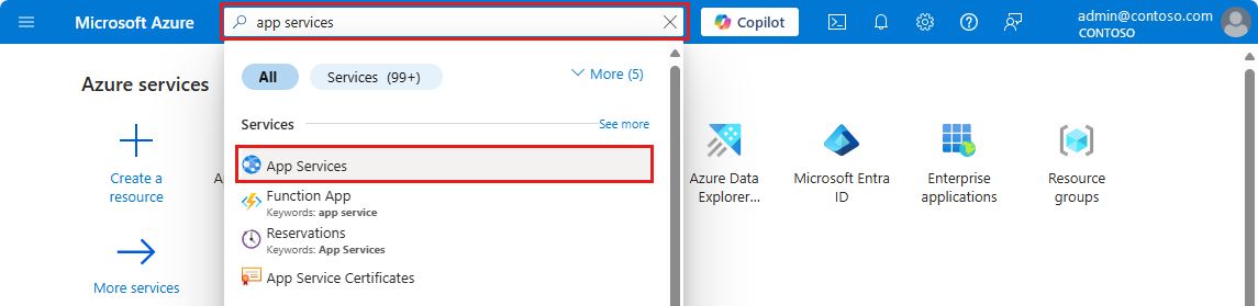 Screenshot of the Azure portal - Select App Services option.