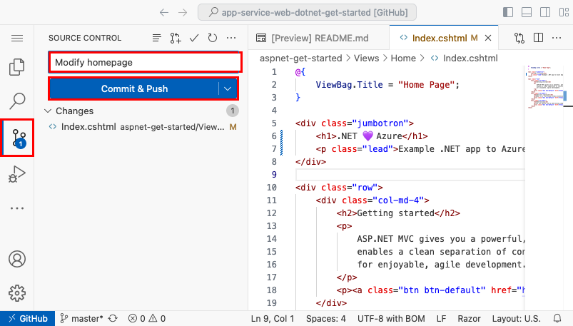 Capture d’écran de Visual Studio Code dans le navigateur, panneau Source Control avec un message commit de « We love Azure » et le bouton Valider et Envoyer (push) mis en surbrillance.