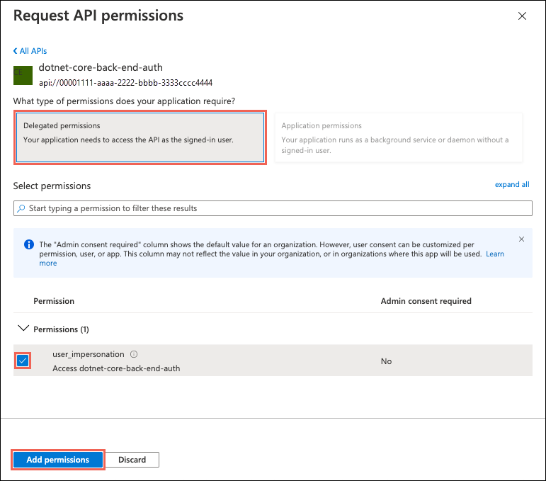 Capture d’écran de la page Demander des autorisations d’API montrant les autorisations déléguées, user_impersonation et le bouton Ajouter une autorisation sélectionné.