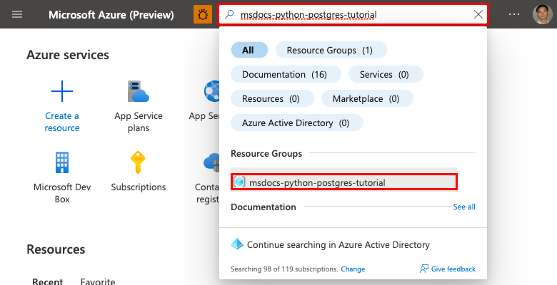 Capture d’écran montrant comment rechercher un groupe de ressources dans le portail Azure et y accéder.