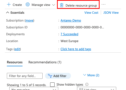 Capture d’écran montrant l’emplacement du bouton Supprimer le groupe de ressources dans le portail Azure.