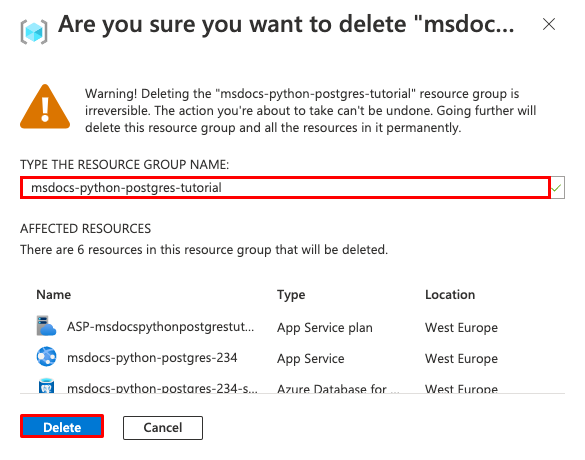 Capture d’écran montrant la boîte de dialogue de confirmation de la suppression d’un groupe de ressources sur le Portail Azure.