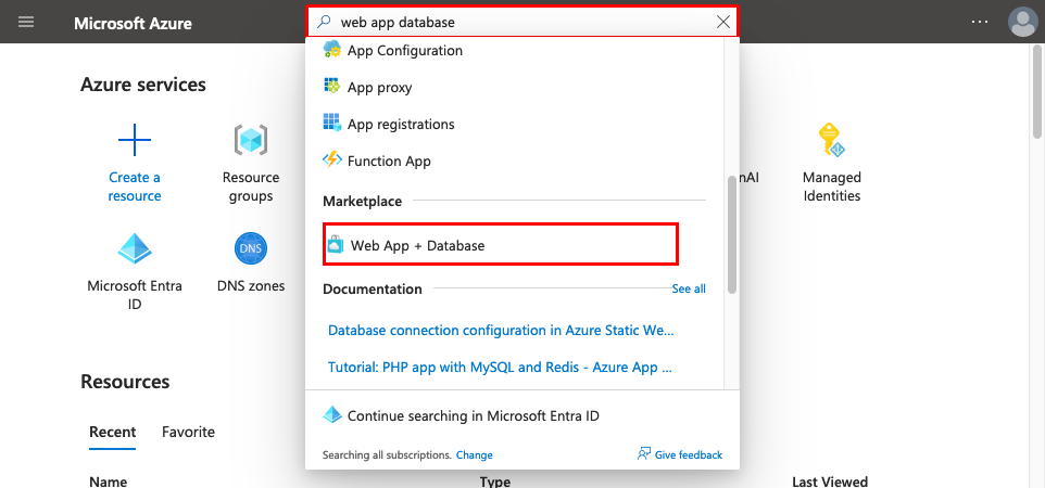 Capture d’écran montrant comment utiliser la zone de recherche dans la barre d’outils supérieure pour trouver l’Assistant de création Application web + Base de données (Flask).