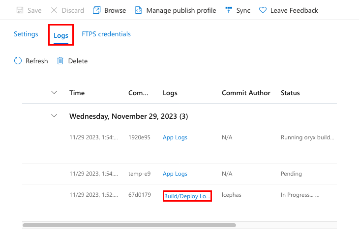 Capture d’écran montrant comment ouvrir les journaux de déploiement dans le centre de déploiement (Django).