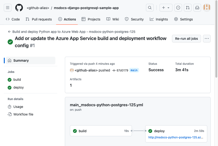 Capture d’écran montrant une exécution GitHub en cours (Django).