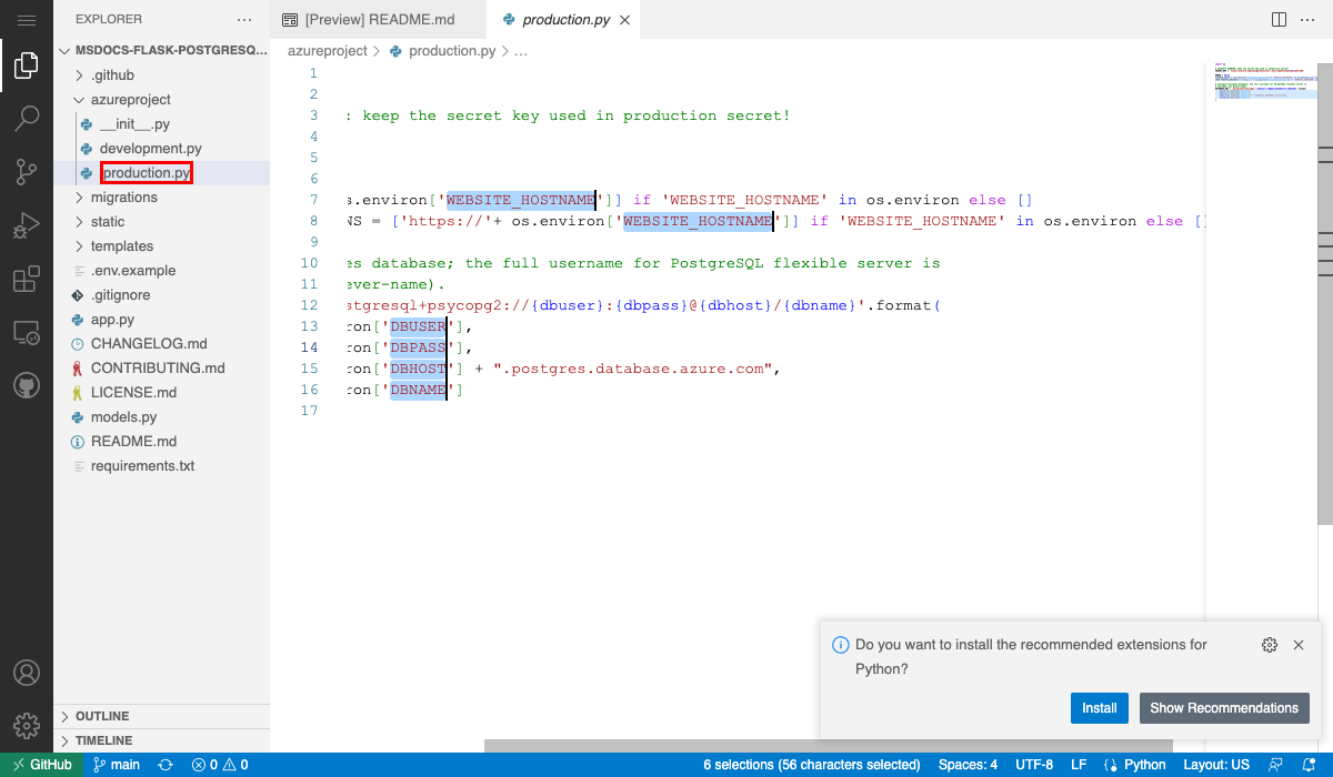 Capture d’écran montrant Visual Studio Code dans le navigateur et un fichier ouvert (Flask).