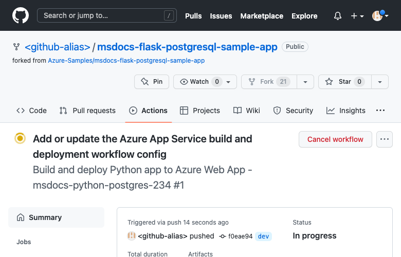 Capture d’écran montrant une exécution GitHub en cours (Flask).
