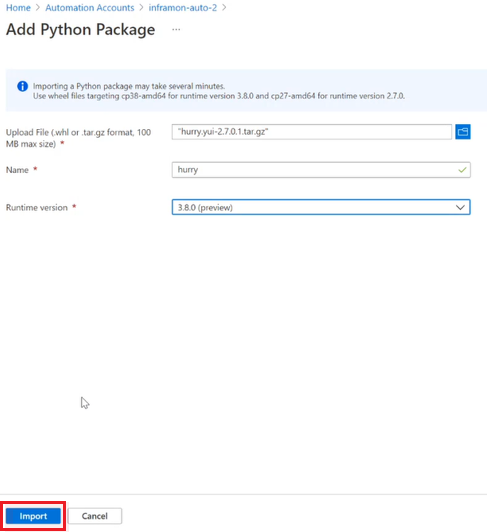 Capture d’écran montrant la page Ajouter un package Python&nbsp;3.8 avec un fichier tar.gz chargé sélectionné.