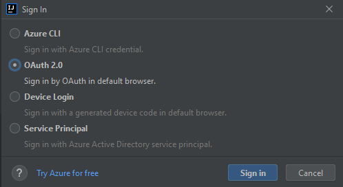 Fenêtre Connexion à Azure avec l’option Connexion à l’appareil sélectionnée.