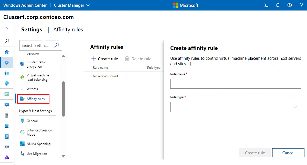 Capture d’écran de l’écran Règles d’affinité de cluster.
