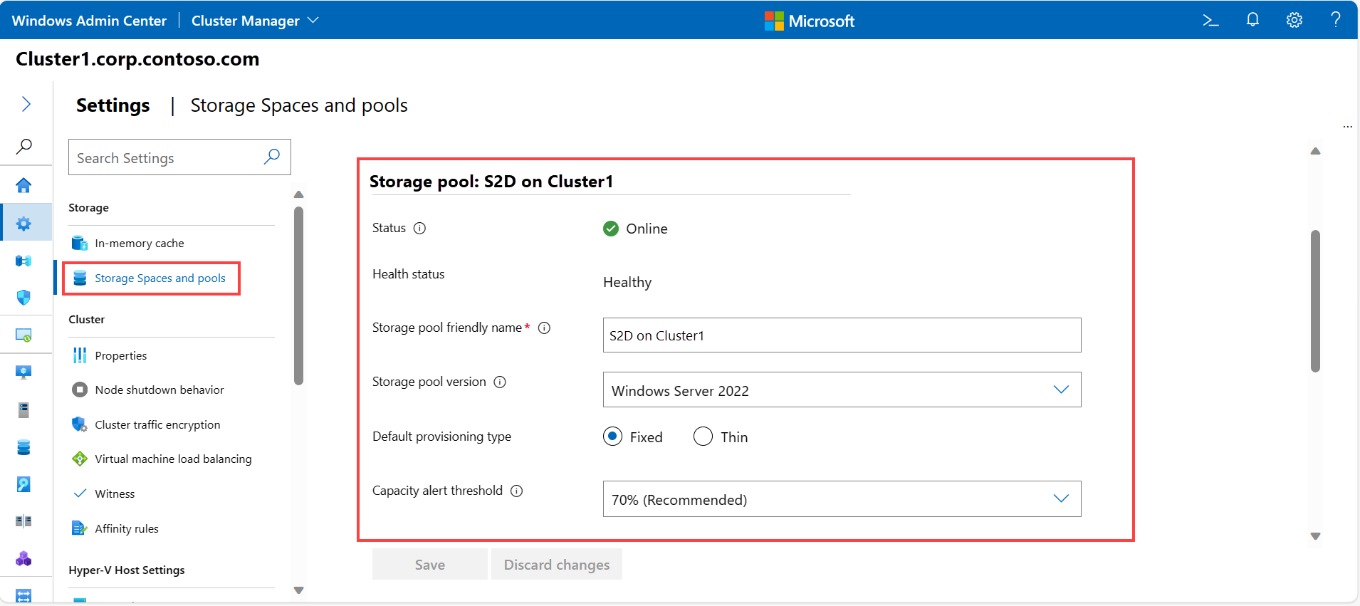 Capture d’écran de la page espaces de stockage de cluster et pools montrant la section Pool de stockage.