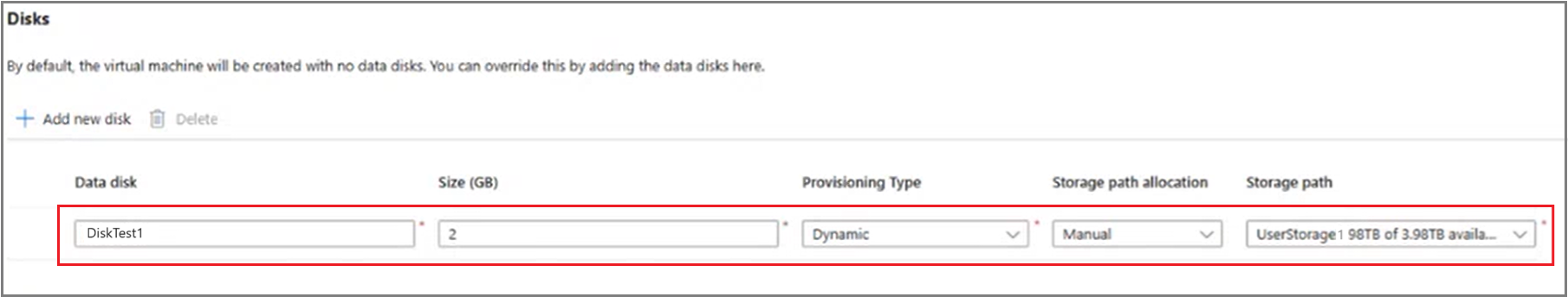Capture d’écran d’un disque de données nouvellement ajouté pour une machine virtuelle.