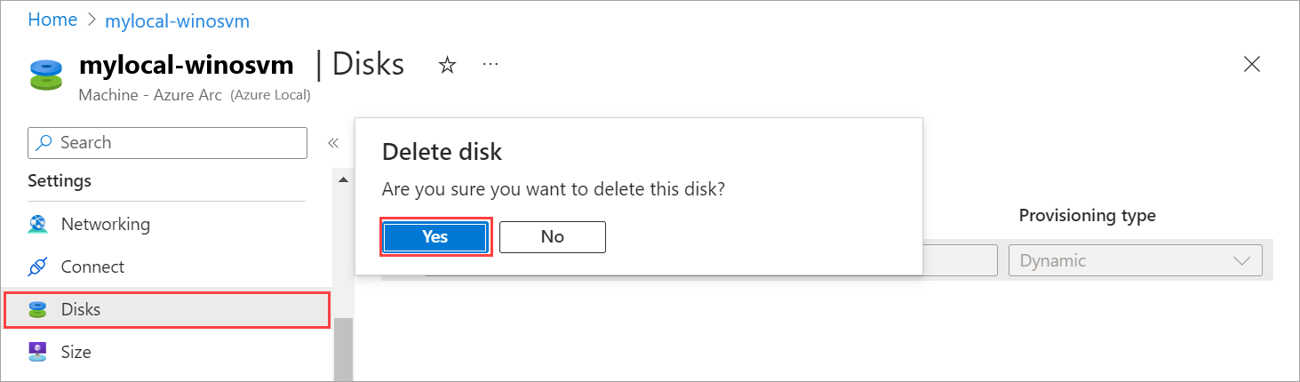 Capture d’écran de la boîte de dialogue de confirmation pour la suppression d’un disque de données.