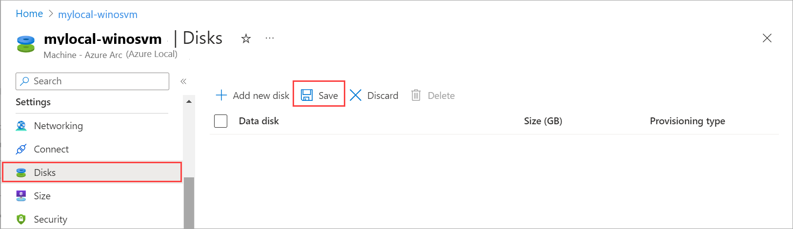 Capture d’écran de la commande Enregistrer dans une liste vide de disques de données.