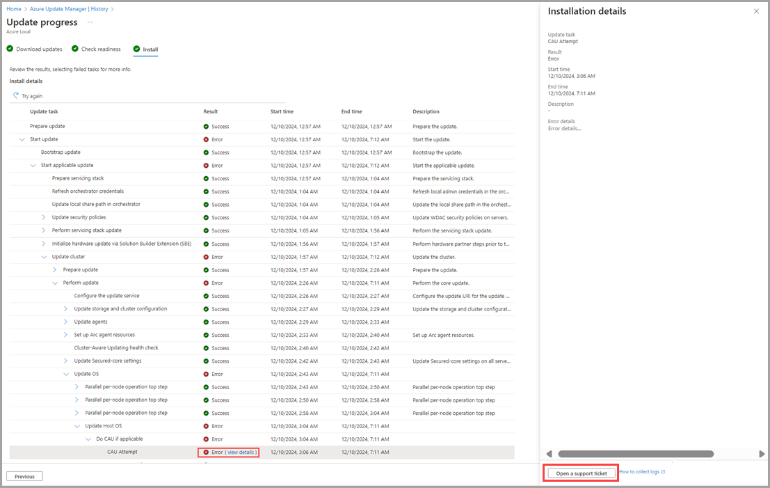 Capture d’écran pour ouvrir un ticket de support.