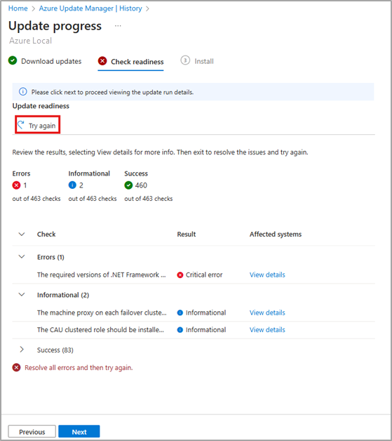 Capture d’écran du bouton de nouvelle tentative de la mise à jour ayant échoué.