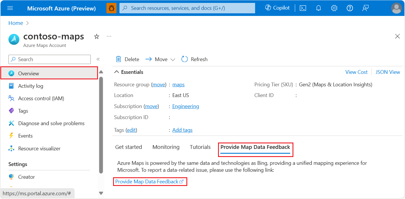 Capture d’écran montrant le lien « Fournir des commentaires sur les données cartographiques » dans la section Vue d’ensemble d’un compte Azure Maps.