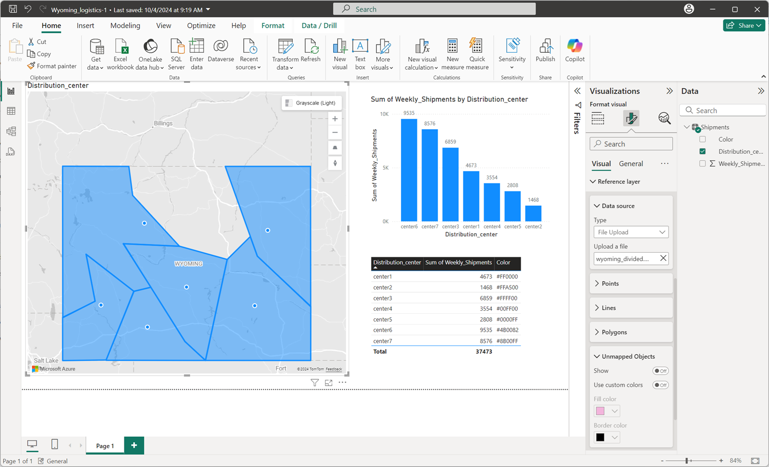Capture d’écran de l’exemple de couche de référence liée aux données dans Power BI Desktop.
