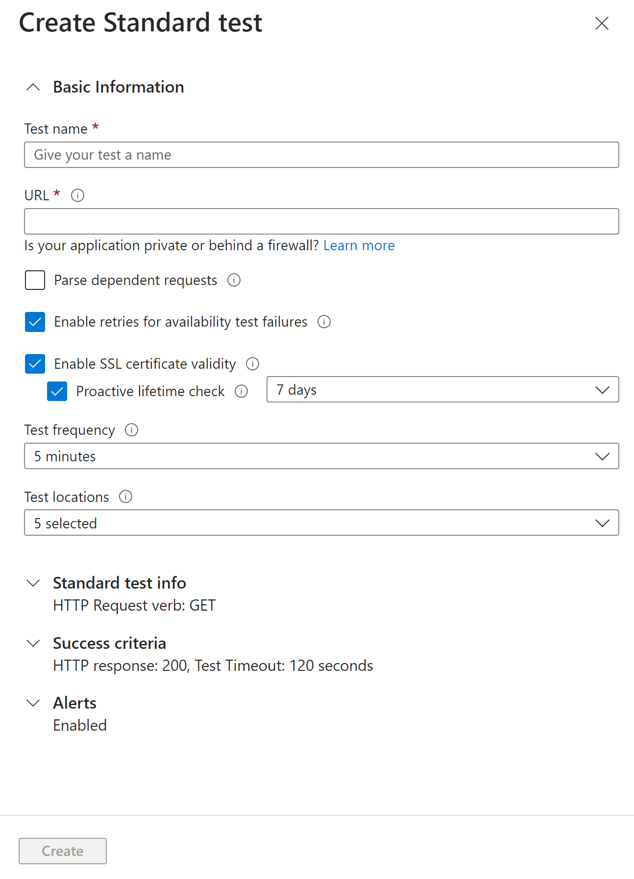 Screenshot that shows the Create test dialog in the Azure portal.