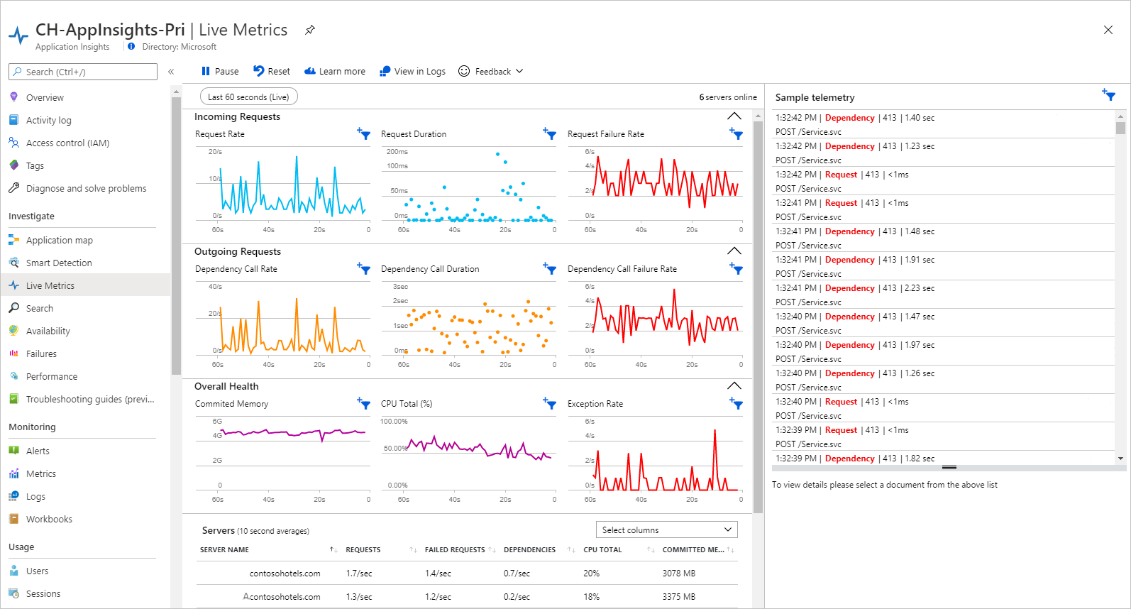 Capture d’écran montrant l’onglet Live Metrics.